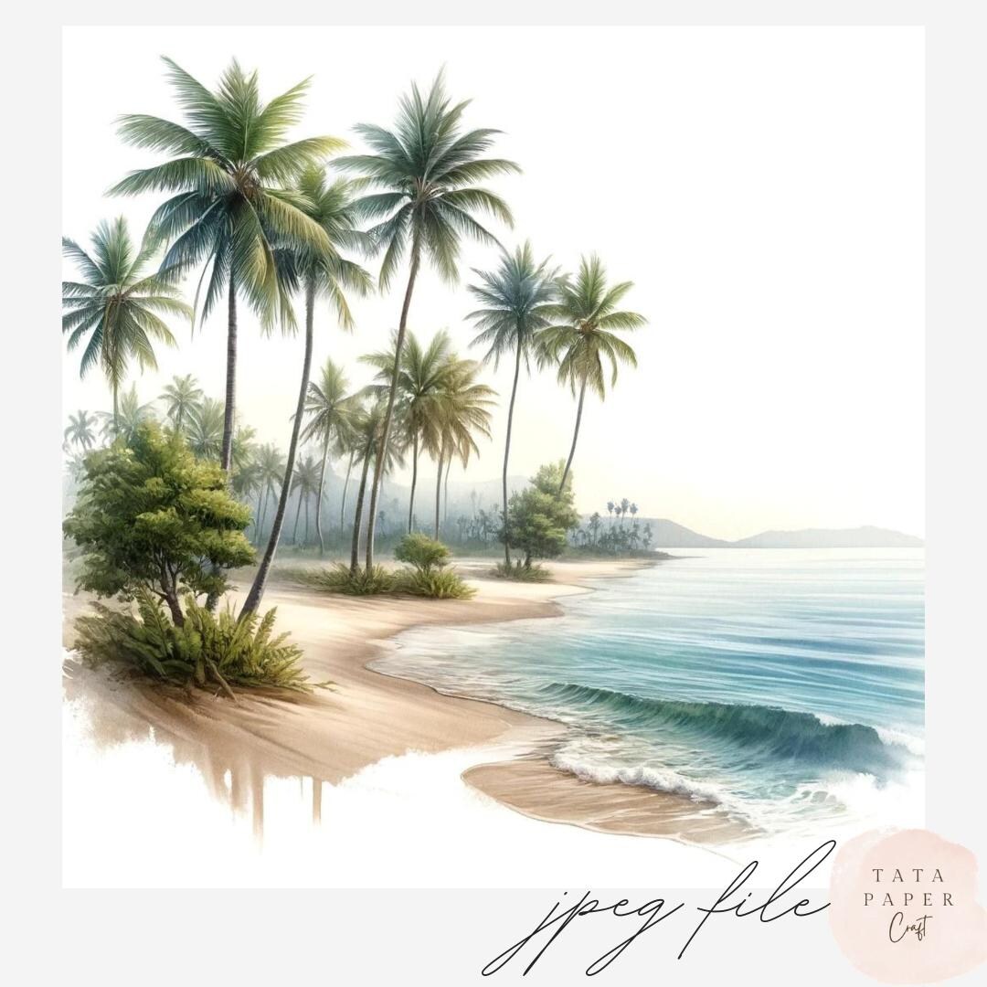 Tropical Beach Clipart Bundle – Palm Trees Watercolor, Coastal Summer ...