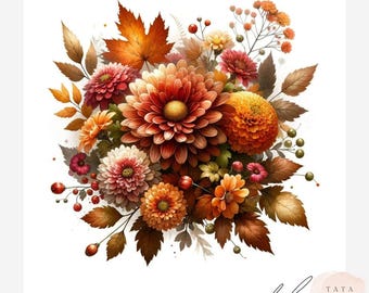 Autumn Flowers Clipart Bundle – Fall Floral Watercolor, Rustic Bouquet Clipart, Thanksgiving Decor, Scrapbooking, Junk Journal