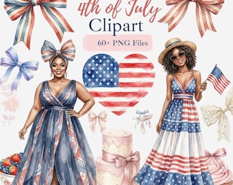 Coquette 4th of July Clipart Bundle | Patriotic Bows PNG, Afro American Girl Clipart, Feminine Independence Day Graphics, Soft Aesthetic