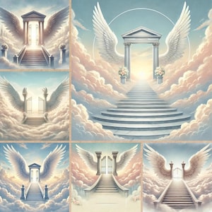 Peut inclure: Un collage de six images représentant une scène céleste. Chaque image montre un escalier menant à une porte, flanqué de grandes ailes blanches. L'arrière-plan est rempli de nuages duveteux et d'une palette de couleurs pastel douces.