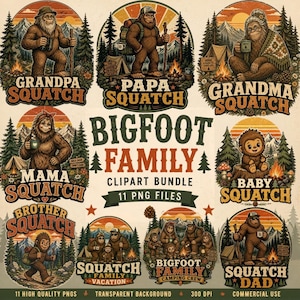 Può includere: Un pacchetto di clipart digitali contenente undici illustrazioni di membri della famiglia Bigfoot in stile outdoor retrò. Ogni grafica include etichette di testo come Grandpa, Papa, Grandma, Mama, Baby, Brother e Dad Squatch, ambientate in scene di montagna e foresta.