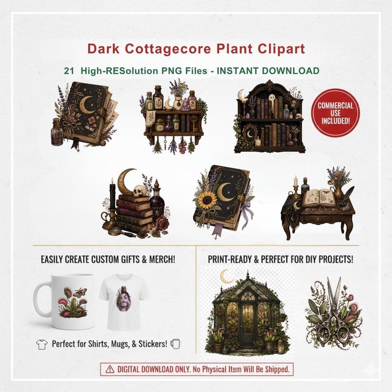 May include: A collection of digital illustrations featuring dark botanical and occult themes, including books with moon motifs, shelves with potion bottles, a greenhouse, and scissors adorned with plants, presented as 21 high-resolution PNG files.