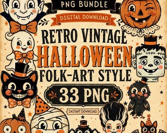 Retro Halloween PNG Bundle, 33 Vintage Inspired Folk Art Clipart, Cute Spooky Pumpkin Ghost Witch and Black Cat Designs