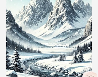 Winter Mountain Landscape Clipart Bundle | Snowy Forest Scene JPG | Rustic Cabin & Pine Tree Graphic | Watercolor Winter Scenery Sublimation
