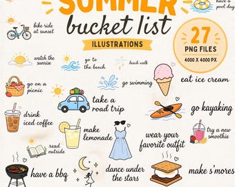 Summer Activities Clipart PNG Set, Bucket List Icons, Cute Seasonal Illustrations, Printable Summer Graphics
