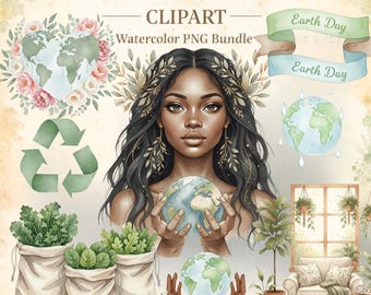 Black Earth Day Clipart | Watercolor Environmental Justice PNG | 73 Designs | Protect Our Home | Gift for Eco Warrior | Commercial Use