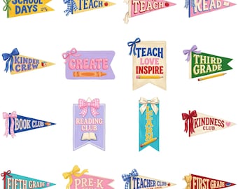 School Pennant PNG Bundle, 18 Preppy Teacher and Grade Level Clipart Designs