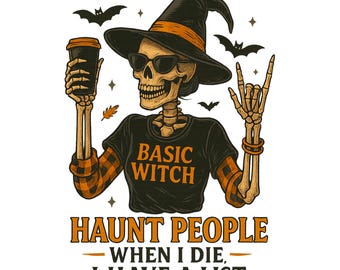 Funny Basic Witch Skeleton PNG: Halloween Coffee Sublimation Design (Digital Download