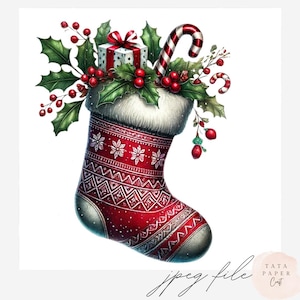 Puede incluir: Ilustración en acuarela de un calcetín navideño lleno de adornos festivos. El calcetín rojo presenta un patrón de copos de nieve y geométrico blanco. Está rematado con piel sintética blanca y adornado con acebo, bayas, un regalo y bastones de caramelo.
