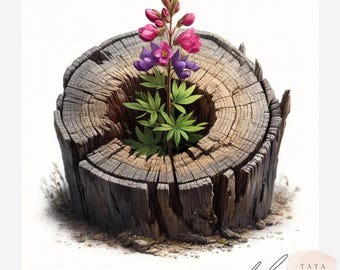 Wildflower in Log Watercolor Clipart | 12 Rustic Flower Wood Slice JPEG | Cottagecore Nature Junk Journal Card Making Digital
