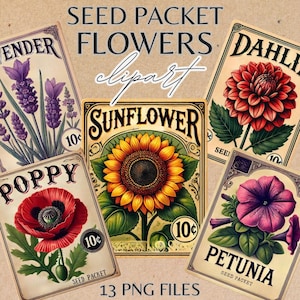 Seed Flowers Packets Vintage Illustrations Clip art of Floral Seeds for Scrapbooking, Junk Journaling, Paper Craft, Diy Projects