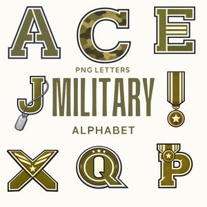 May include: An assortment of military-style PNG letters and symbols in olive green. The letters A, C, E, J, X, Q, and P are shown with different designs, including camouflage, dog tags, and a medal. The words "PNG LETTERS", "MILITARY", and "ALPHABET" are also visible.