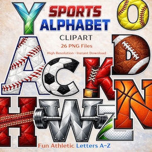 Puede incluir: Una colección de letras del alfabeto con temática deportiva en varios colores y texturas. Las letras están diseñadas para parecerse a equipos deportivos como pelotas de béisbol, fútbol y baloncesto. El texto incluye "SPORTS ALPHABET CLIPART" y "Fun Athletic Letters A-Z".