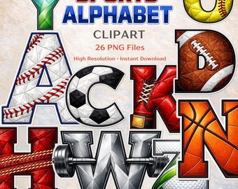 Sports Alphabet Clipart PNG Bundle, Athletic Letters A-Z, Sports Font Clipart, Kids Sports Letters PNG Set