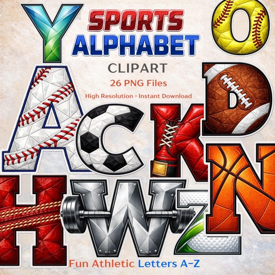 Sports Alphabet Clipart PNG Bundle, Athletic Letters A-Z, Sports Font ...