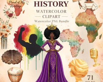 Black History Month Clipart | 71 Watercolor African American Heritage | Proud Black Queen | Gift for Her | Instant Download Digital Bundle