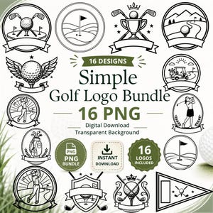 Puede incluir: Una colección de 16 diseños de logotipos de golf en blanco y negro con pelotas, palos, trofeos, carritos y jugadores. El texto dice 16 DESIGNS Simple Golf Logo Bundle 16 PNG Digital Download Transparent Background INSTANT DOWNLOAD.