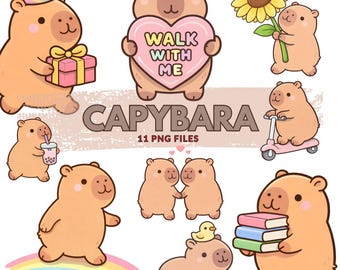 Kawaii Capybara Clipart | Watercolor Cute Animal Graphics | Pastel Aesthetic PNG | Gift for Capybara Lover | Ready to Press Sublimation