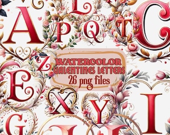 Valentine Alphabet Clipart | Floral Heart Letters PNG | 26 A-Z Monogram Files | Romantic Watercolor Letters | Commercial Use Included