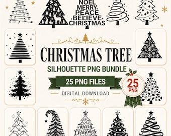Pacchetto di alberi di Natale in formato PNG / 25 sagome di alberi di Natale / Clipart natalizie nere / Alberi di Natale in formato PNG / Disegni natalizi per sublimazione
