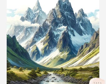 Mountain Landscape Clipart Bundle, Nature Scene JPEG Set, Alpine Mountains River Forest Art, 12 Files