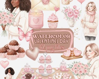 Watercolor Valentine’s Day Clipart | 62 PNG Files | Romantic Pink Aesthetic | Floral, Hearts, Cupcakes, Women | Commercial Use Included