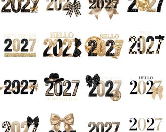 2027 New Year PNG Bundle, Glamorous Black Gold New Year Clipart, Leopard Bow Disco Ball PNG, Cowgirl New Years Sublimation, 18 PNG