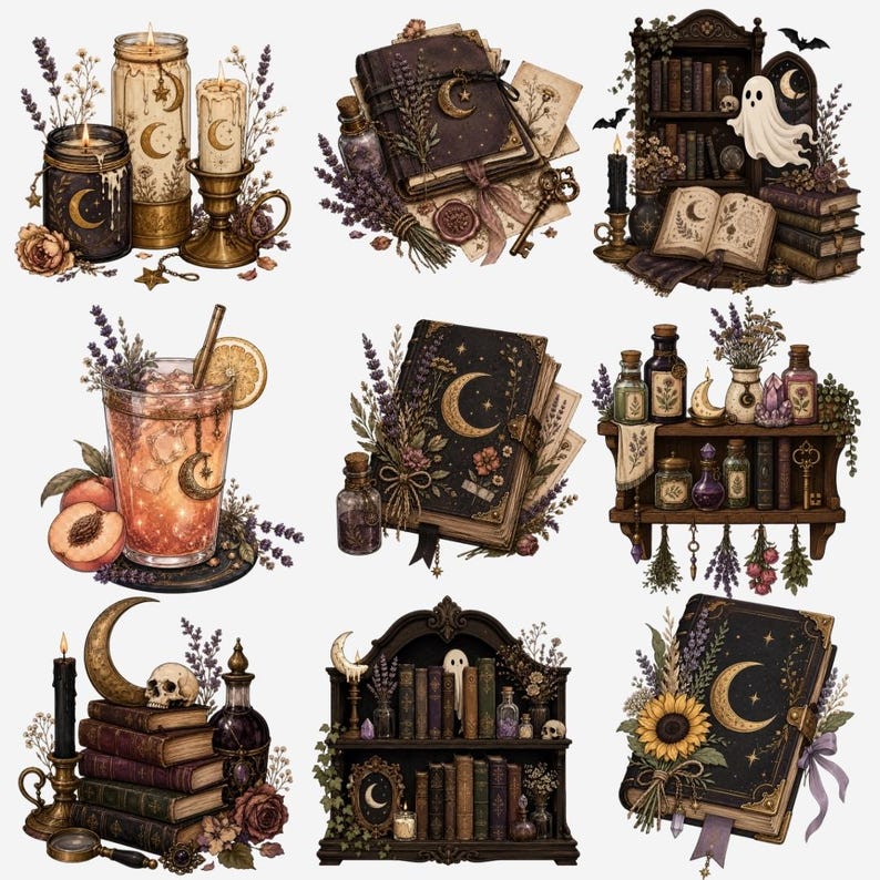 Dark cottagecore plant clipart bundle with gothic botanical PNG designs, witchy books, moon candles, apothecary bottles, greenhouse art, and mystical plants.