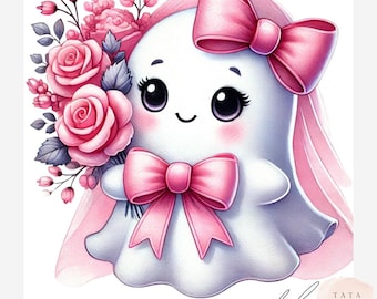 Ensemble de clipart fantôme rose girly | Fantôme coquet mignon PNG | Fantôme floral aquarelle | Fantôme d'Halloween PNG | 12 fichiers JPEG