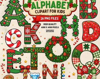 Christmas ABC Letters PNG Bundle, Cute Holiday Alphabet Clipart, Kids Learning Letters A-Z, Festive Designs