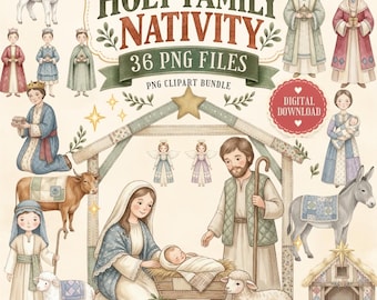Holy Family Nativity Clipart Bundle, 36 Christmas PNG Files, Baby Jesus Mary Joseph, Christian Religious Clipart, Digital Download