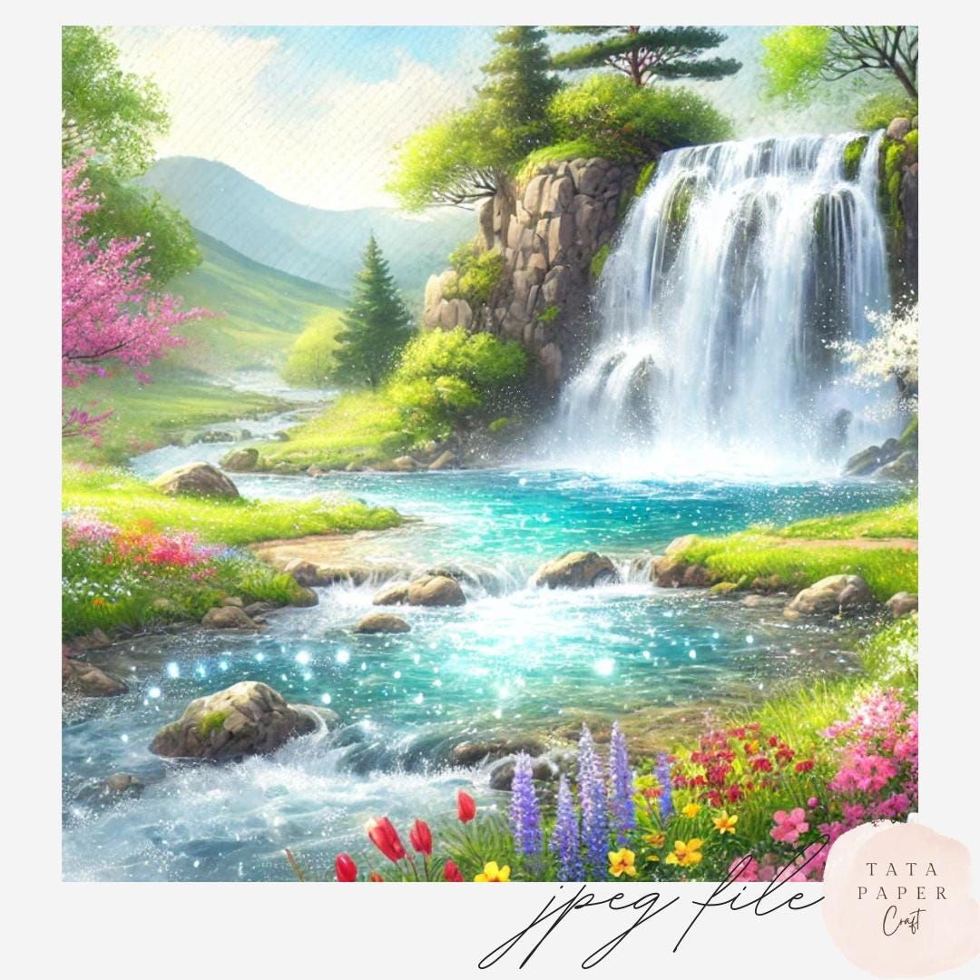 Springtime Waterfall Scene Spring Waterfall Scene Clipart | 14 JPEG Landscape Files | Nature Junk ...