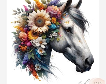 White Horse with Flowers Clipart Bundle | Watercolor Floral Equine Graphics JPGs | Boho Wedding Invitation Art | Elegant Horse Sublimation