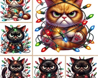 Funny Angry Cats Christmas Clipart | 13 JPEG Files | Grumpy Cat Tangled in Holiday Lights | Festive Cat Humor for Sublimation & Cards