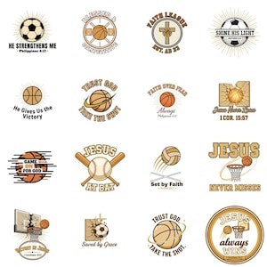 Puede incluir: Una colección de dieciséis diseños gráficos circulares y rectangulares con equipamiento deportivo como balones de baloncesto, fútbol y béisbol, combinados con textos y símbolos religiosos en una paleta de colores marrón, negro y blanco.