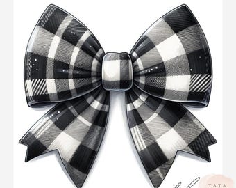 Buffalo Plaid Bow Clipart | 12 Black and White JPEG Bows | Tartan Ribbon Graphics for Crafts, Junk Journals, Holiday Cards, Sublimation