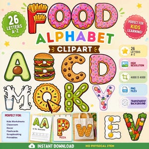 Könnte beinhalten: Ein farbenfrohes digitales Clipart-Set mit dem Alphabet, das aus Lebensmitteln gestaltet wurde. Buchstaben bestehen aus Donuts, Pommes Frites, Avocado, einem Burger, Kiwi und mehr. Enthält den Text "FOOD ALPHABET CLIPART" und "26 LETTERS A-Z".
