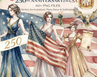 250 Years of Freedom Watercolor Clipart | 60+ PNGs for America 250th Anniversary, Patriotic Party Decor & Sublimation