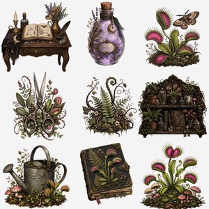 Witchy botanical PNG set featuring dark cottagecore plants, vintage books, lavender, moon charms, potion bottles, candles, keys, and gothic greenhouse graphics.