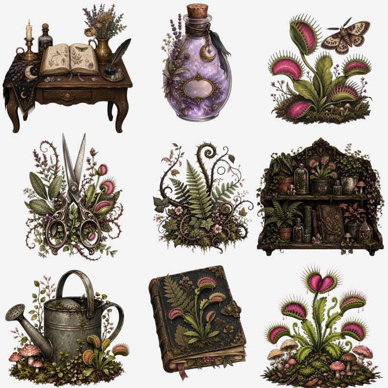 Witchy botanical PNG set featuring dark cottagecore plants, vintage books, lavender, moon charms, potion bottles, candles, keys, and gothic greenhouse graphics.