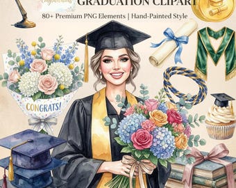 Watercolor Graduation Clipart PNG Bundle, 60+ Graduation Elements, Graduate Girl Clipart, Class of 2026 2027, Graduation PNG Set