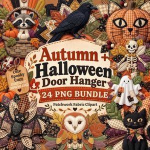 May include: A digital collection of 24 patchwork fabric clipart designs featuring autumn and Halloween themes. The imagery includes a raccoon in a basket, a black crow, a pumpkin cat, a skeleton, a ghost, a bat, and an owl, all surrounded by fall leaves.