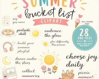 Summer Bucket List Clipart PNG Bundle – Aesthetic Summer Quotes & Icons, Self Care Clipart, Vacation Graphics, Cute Planner Stickers