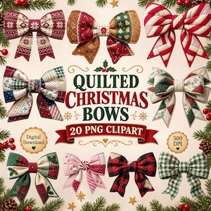 May include: A collection of quilted Christmas bows featuring various patterns including red and white Nordic prints, gingerbread motifs, candy cane stripes, patchwork designs, and plaid fabrics, with the text QUILTED CHRISTMAS BOWS 20 PNG CLIPART.
