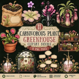 Puede incluir: Un paquete de imágenes digitales con 11 ilustraciones de plantas carnívoras, incluyendo atrapamoscas en macetas y bolsas, plantas jarro, una espada con flores, un invernadero, pulverizadores y etiquetas en blanco con el texto 11 CARNIVOROUS PLANT GREENHOUSE CLIPART BUNDLE 11 PNG FILES.