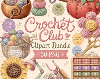 Crochet Clipart Bundle, 50 Yarn and Crochet PNGs, Crochet Hook Craft Graphics, Fiber Art Designs, Commercial Use Download