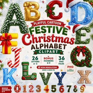 Christmas Alphabet Clipart PNG Bundle (A–Z + Numbers 0–9) – Cartoon Letters, Candy Cane, Knit, Ornament & Pine Letters, 36 PNG Files