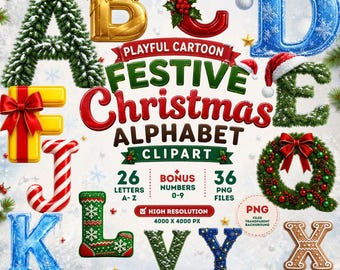 Christmas Alphabet Clipart PNG Bundle (A–Z + Numbers 0–9) – Cartoon Letters, Candy Cane, Knit, Ornament & Pine Letters, 36 PNG Files