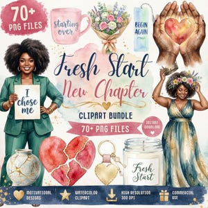 Fresh Start PNG Bundle | New Chapter Clipart | Healing Watercolor Afro Woman Graphics | Emotional Milestone | Self Care | Begin Again