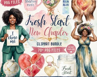 Fresh Start PNG Bundle | New Chapter Clipart | Healing Watercolor Afro Woman Graphics | Emotional Milestone | Self Care | Begin Again